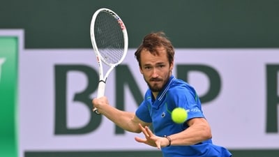 Mar 14, 2023; Indian Wells, CA, USA; Daniil Medvedev (RUS) hits a shot as he defeated Alexander Zverev (GER) in the fourth round of the BNP Paribas Open at the Indian Wells Tennis Garden. Mandatory Credit: Jayne Kamin-Oncea-USA TODAY Sports (USA TODAY Sports)