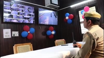 The control room is equipped with two large screens which will monitor the entire stretch which has 45 CCTV cameras, police said. It will operate from the Vasundhara police post. (Sakib Ali/HT Photo)