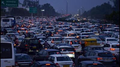 Traffic jam on the Gurugram-Delhi expressway at the Delhi border in Gurugram on Wednesday. (PTI) Traffic jam on the Gurugram-Delhi expressway at the Delhi border in Gurugram on Wednesday. (PTI)