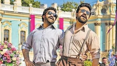 Jr NTR and Ram Charan in the RRR song Naatu Naatu. Jr NTR and Ram Charan in the RRR song Naatu Naatu.