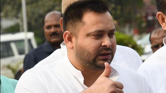 Bihar Deputy Chief Minister Tejashwi Yadav speaking with reporters during Budget Session outside of Bihar Assembly in Patna , Bihar. (HT File Photo/Santosh Kumar)