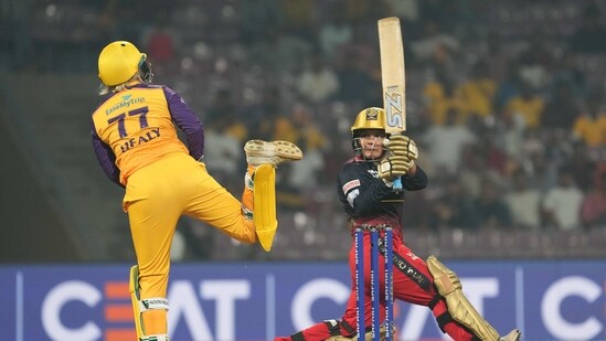 Royal Challengers Bangalore player Kanika Ahuja plays a shot during the Women's Premier League (WPL) match against UP Warriorz(PTI)