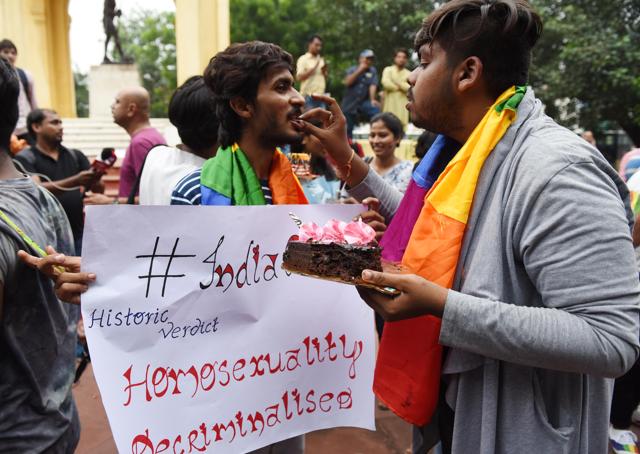 Members of the Awadh Pride Committee celebrating after the Supreme Court verdict striking down Section 377 of the penal code that penalised people for their sexual orientation in Lucknow on September 06, 2018. (Subhankar Chakraborty/HT PHOTO) Members of the Awadh Pride Committee celebrating after the Supreme Court verdict striking down Section 377 of the penal code that penalised people for their sexual orientation in Lucknow on September 06, 2018. (Subhankar Chakraborty/HT PHOTO)