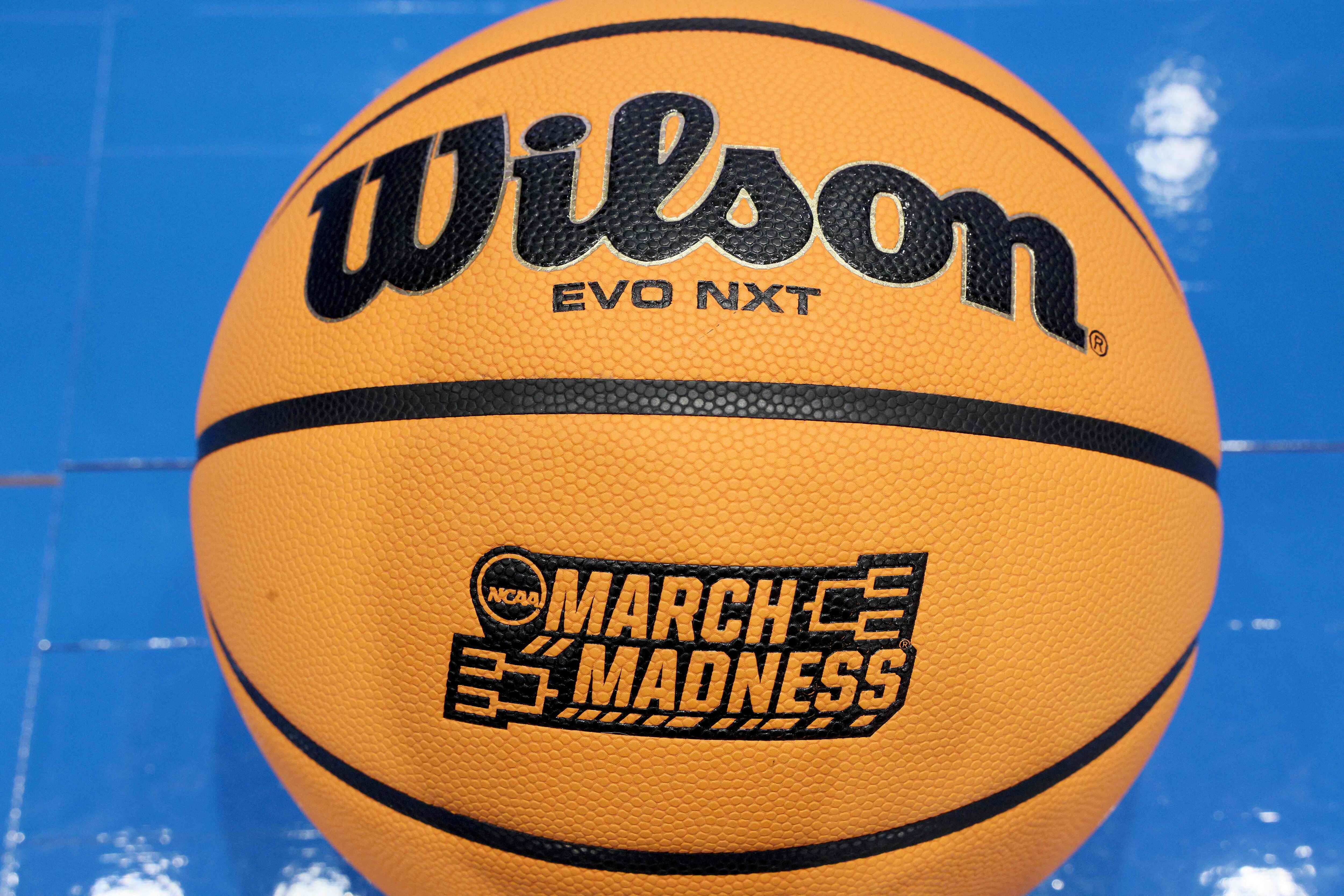 A detailed view of the March Madness logo is seen on a basketball prior to the First Four of the NCAA Men's Basketball Tournament at University of Dayton Arena on March 14, 2023 in Dayton, Ohio. (Getty Images via AFP) A detailed view of the March Madness logo is seen on a basketball prior to the First Four of the NCAA Men's Basketball Tournament at University of Dayton Arena on March 14, 2023 in Dayton, Ohio. (Getty Images via AFP)