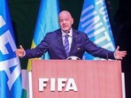 FIFA President Gianni Infantino addresses the 73rd FIFA Congress at the BK Arena in Kigali