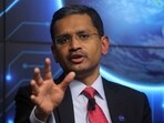 Tata Consultancy Services (TCS) Chief Executive Officer Rajesh Gopinathan attends a news conference.