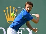 Mar 15, 2023; Indian Wells, CA, USA;  Daniil Medvedev (RUS) hits a shot as he defeated Alejandro Davidovich Fokina (ESP) in the quarterfinals of the BNP Paribas Open at the Indian Wells Tennis Garden. Mandatory Credit: Jayne Kamin-Oncea-USA TODAY Sports