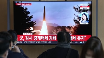 A TV screen shows a file image of North Korea's missile launch during a news program at the Seoul Railway Station in Seoul, South Korea, (AP) A TV screen shows a file image of North Korea's missile launch during a news program at the Seoul Railway Station in Seoul, South Korea, (AP)