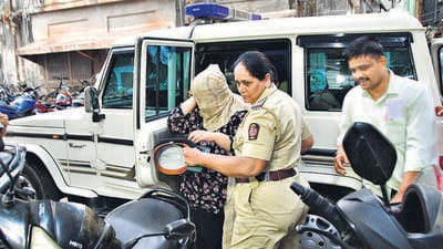 Mumbai, India - March 16, 2023: Police detain Anshika Jaisinghani from Ulhasnagar for questioning in connection with the case filed by Amruta Fadnavis over allegations of bribe, threat and conspiracy, at D.B. Marg Police Station, Grant Road, in Mumbai, India, on Thursday, March 16, 2023. (Photo by Bhushan Koyande/HT Photo) (HT PHOTO)