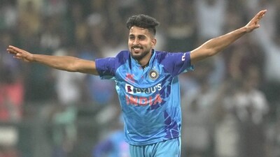 Umran Malik celebrates a wicket for Team India. (PTI)
