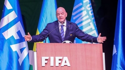 FIFA President Gianni Infantino addresses the 73rd FIFA Congress at the BK Arena in Kigali (REUTERS)