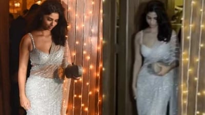 Suhana Khan draped a saree as she attended Alanna Panday's sangeet. Suhana Khan draped a saree as she attended Alanna Panday's sangeet.