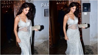 Suhana Khan in silver net saree and bralette attends Alanna Panday's wedding party. (HT Photo/Varinder Chawla) Suhana Khan in silver net saree and bralette attends Alanna Panday's wedding party. (HT Photo/Varinder Chawla)