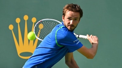 Mar 15, 2023; Indian Wells, CA, USA;  Daniil Medvedev (RUS) hits a shot as he defeated Alejandro Davidovich Fokina (ESP) in the quarterfinals of the BNP Paribas Open at the Indian Wells Tennis Garden. Mandatory Credit: Jayne Kamin-Oncea-USA TODAY Sports (USA TODAY Sports)
