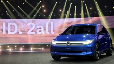 German carmaker Volkswagen presents its new electric ID. 2all model, an electric vehicle that costs less than 25,000 euros. (REUTERS)