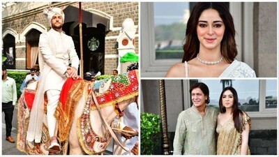 Ivor McCray on a horse, Ananya Panday in a blue saree and Chunky Panday with Bhavana Panday for the wedding day.