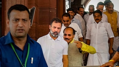 Congress MPs Rahul Gandhi and Adhir Ranjan Chowdhury at Parliament House complex during Budget Session, in New Delhi. (PTI) Congress MPs Rahul Gandhi and Adhir Ranjan Chowdhury at Parliament House complex during Budget Session, in New Delhi. (PTI)
