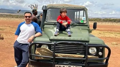 Saif Ali Khan and Taimur pose next to a jeep as they get ready for another day of adventure. Saif Ali Khan and Taimur pose next to a jeep as they get ready for another day of adventure.