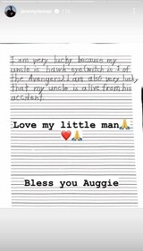 Jeremy Renner shared the handwritten note from his nephew on his Instagram Stories. Jeremy Renner shared the handwritten note from his nephew on his Instagram Stories.