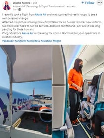 Screenshot of the LinkedIn post about Akasa Air's uniform. (LinkedIn/@Diksha Mishra)
