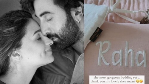 Alia Bhatt and Ranbir Kapoor (left); a picture of Raha Kapoor's bedding set. Alia Bhatt and Ranbir Kapoor (left); a picture of Raha Kapoor's bedding set.