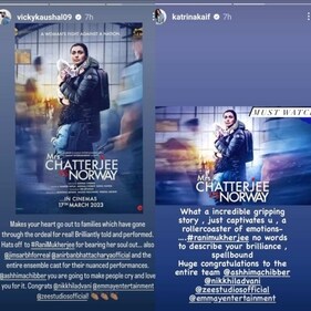 Katrina Kaif and Vicky Kaushal lauded Mrs Chatterjee vs Norway. Katrina Kaif and Vicky Kaushal lauded Mrs Chatterjee vs Norway.