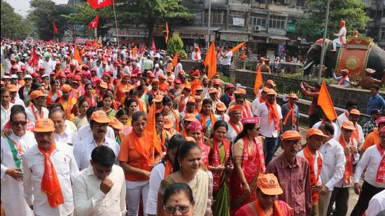 MVA protest against PMCÕs decision to collect property tax at Panvel in Navi Mumbai, India, on Monday, March 13, 2023. (Bachchan Kumar/ HT PHOTO)
