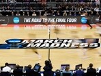 A general view of NCAA March Madness branding on the court.
