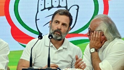 Congress leaders Rahul Gandhi and Jairam Ramesh in a conversation during a press briefing at the party headquarters in New Delhi on Thursday. (ANI) Congress leaders Rahul Gandhi and Jairam Ramesh in a conversation during a press briefing at the party headquarters in New Delhi on Thursday. (ANI)