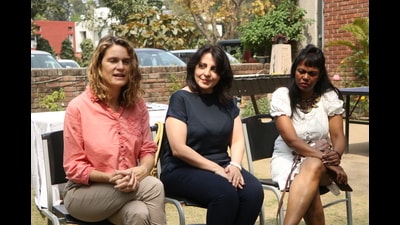 Alliance Française Chandigarh director Ophélie Belin, Hala Kheifes from Lebanon and Vidoola Deerpaul from Mauritius interacting with the media (HT Photo) Alliance Française Chandigarh director Ophélie Belin, Hala Kheifes from Lebanon and Vidoola Deerpaul from Mauritius interacting with the media (HT Photo)