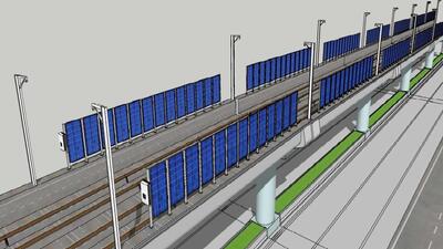 An artist’s impression of the vertical solar panels on either side of the viaduct near the proposed Jamia Nagar Metro station. (HT Photo) An artist’s impression of the vertical solar panels on either side of the viaduct near the proposed Jamia Nagar Metro station. (HT Photo)