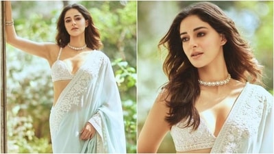 Ananya Panday in ice blue saree and bralette for Alanna Panday's wedding. (Instagram) Ananya Panday in ice blue saree and bralette for Alanna Panday's wedding. (Instagram)
