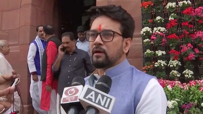Union minister Anurag Thakur speaking outside Parliament on Friday in Delhi. (Twitter/Anurag Thakur)