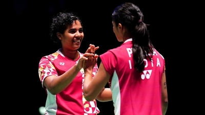 India's Treesa Jolly with Gayatri Gopichand Pullela, right, in action against China's Li Wen Mei and Liu Xuan Xuan during day four of the YONEX All England Open Badminton Championships at the Utilita Arena Birmingham, England, Friday March 17, 2023. (Zac Goodwin/PA via AP) (AP) India's Treesa Jolly with Gayatri Gopichand Pullela, right, in action against China's Li Wen Mei and Liu Xuan Xuan during day four of the YONEX All England Open Badminton Championships at the Utilita Arena Birmingham, England, Friday March 17, 2023. (Zac Goodwin/PA via AP) (AP)