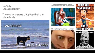 Encouraging memes abound on social media. ‘There has always been a big market for cringe entertainment,’ says comedian Aditi Mittal. ‘But how we cringe has evolved from contemptuous to compassionate. The culture of embracing cringe rejects the idea of weaponising it.’ Encouraging memes abound on social media. ‘There has always been a big market for cringe entertainment,’ says comedian Aditi Mittal. ‘But how we cringe has evolved from contemptuous to compassionate. The culture of embracing cringe rejects the idea of weaponising it.’