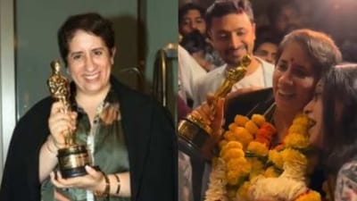 Guneet Monga was welcomed back to India with garlands and hugs. Guneet Monga was welcomed back to India with garlands and hugs.