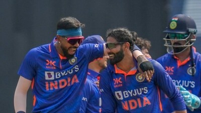 India's captain Hardik Pandya, left, and Ravindra Jadeja (AP) India's captain Hardik Pandya, left, and Ravindra Jadeja (AP)
