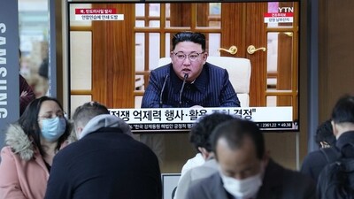 A TV screen shows a file image of North Korean leader Kim Jong Un during a news program at the Seoul Railway Station in Seoul, South Korea, Tuesday, March 14, 2023. (AP) A TV screen shows a file image of North Korean leader Kim Jong Un during a news program at the Seoul Railway Station in Seoul, South Korea, Tuesday, March 14, 2023. (AP)