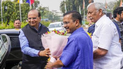 LG Vinai Kumar Saxena, chief minister Arvind Kejriwal, and speaker Ram Niwas Goel at the Delhi assembly. (PTI) LG Vinai Kumar Saxena, chief minister Arvind Kejriwal, and speaker Ram Niwas Goel at the Delhi assembly. (PTI)