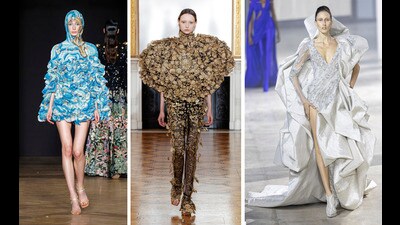 Looks from two of Rahul Mishra’s seven showings at the exclusive Paris Haute Couture Week — Cosmos, Spring 2023 and Tree of Life, Fall 2022 — and from Gaurav Gupta’s debut collection at the event, Shunya, Spring 2023. (Valerio Mezzanotti / Getty Images) Looks from two of Rahul Mishra’s seven showings at the exclusive Paris Haute Couture Week — Cosmos, Spring 2023 and Tree of Life, Fall 2022 — and from Gaurav Gupta’s debut collection at the event, Shunya, Spring 2023. (Valerio Mezzanotti / Getty Images)