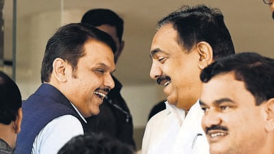 Mumbai, India - March 17, 2023: Dy CM Devendra Fadnavis interacts with NCP MLA Jayant Patil during the Maharashtra Budget Session, at Vidhan Bhavan, Nariman Point, in Mumbai, India, on Friday, March 17, 2023. (Photo by Anshuman Poyrekar/ Hindustan Times) (Anshuman Poyrekar/HT PHOTO) Mumbai, India - March 17, 2023: Dy CM Devendra Fadnavis interacts with NCP MLA Jayant Patil during the Maharashtra Budget Session, at Vidhan Bhavan, Nariman Point, in Mumbai, India, on Friday, March 17, 2023. (Photo by Anshuman Poyrekar/ Hindustan Times) (Anshuman Poyrekar/HT PHOTO)