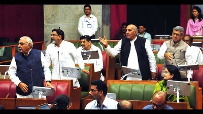 Opposition leaders during the question hour in the Haryana Vidhan Sabha in Chandigarh on Friday. (Keshav Singh/HT) Opposition leaders during the question hour in the Haryana Vidhan Sabha in Chandigarh on Friday. (Keshav Singh/HT)