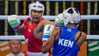 India's Shashi Chopra (red) in action during a match against Mwangi Teresiah of Kenya in the 63 kg category at the 2023 IBA Women's Boxing World Championships, in New Delhi. (PTI) India's Shashi Chopra (red) in action during a match against Mwangi Teresiah of Kenya in the 63 kg category at the 2023 IBA Women's Boxing World Championships, in New Delhi. (PTI)