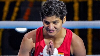 India's Jaismine Lamboria gestures after the match against Nyambega Beatrice Ambros of Tanzania in the 60 kg category at the 2023 IBA Women's Boxing World Championships, in New Delhi. (PTI) India's Jaismine Lamboria gestures after the match against Nyambega Beatrice Ambros of Tanzania in the 60 kg category at the 2023 IBA Women's Boxing World Championships, in New Delhi. (PTI)