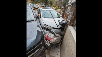 The crash was captured in the CCTV camera of the house where the vehicles were parked. A search is on for the SUV driver, said Chandigarh Police. (HT)