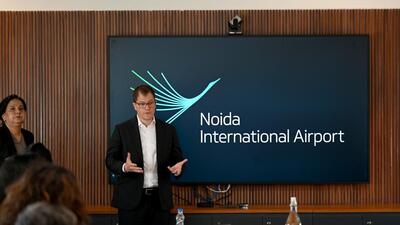 YIAPL chief executive officer Christoph Schnellmann during a briefing on the construction status of the airport in Greater Noida on March 14. (Sunil Ghosh /HT PHOTO) YIAPL chief executive officer Christoph Schnellmann during a briefing on the construction status of the airport in Greater Noida on March 14. (Sunil Ghosh /HT PHOTO)