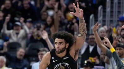 Anthony Lamb #40 of the Golden State Warriors reacts after making a three-point shot against the New Orleans Pelicans during the third quarter at Chase Center (Getty Images via AFP) Anthony Lamb #40 of the Golden State Warriors reacts after making a three-point shot against the New Orleans Pelicans during the third quarter at Chase Center (Getty Images via AFP)