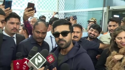 Actor Ram Charan arrived at the Delhi Airport after RRR's win at the Oscars 2023. Actor Ram Charan arrived at the Delhi Airport after RRR's win at the Oscars 2023.