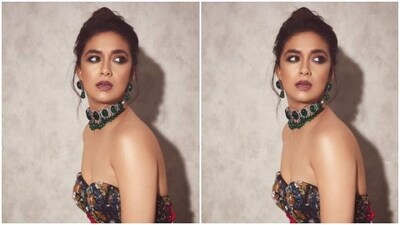 Assisted by makeup artist Kajol Mulani, Keerthy decked up in nude eyeshadow, black eyeliner, black kohl, mascara-laden eyelashes, contoured cheeks and a shade of nude lipstick.&nbsp; (Instagram/@keerthysureshofficial)