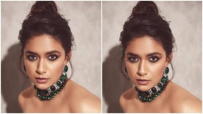 Styled by fashion stylist Archa Mehta, Keerthy wore her tresses into a clean top knot bun as she looked every bit gorgeous.&nbsp; (Instagram/@keerthysureshofficial)
